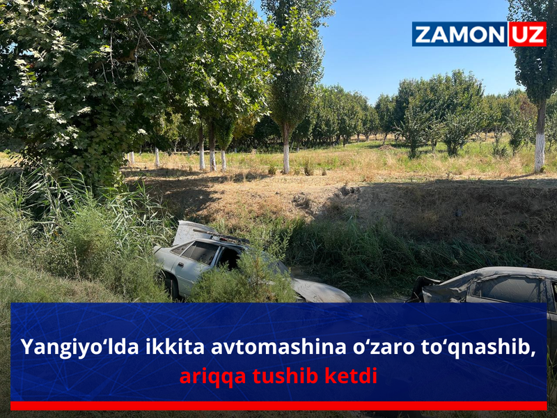 Янгийўлда иккита автомашина ўзаро тўқнашиб, ариққа тушиб кетди