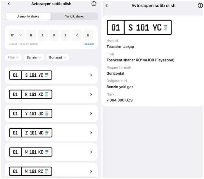 O‘zbekistonda “chiroyli” avtomobil raqamlari 7 mln so‘mdan sotuvga chiqarildi
